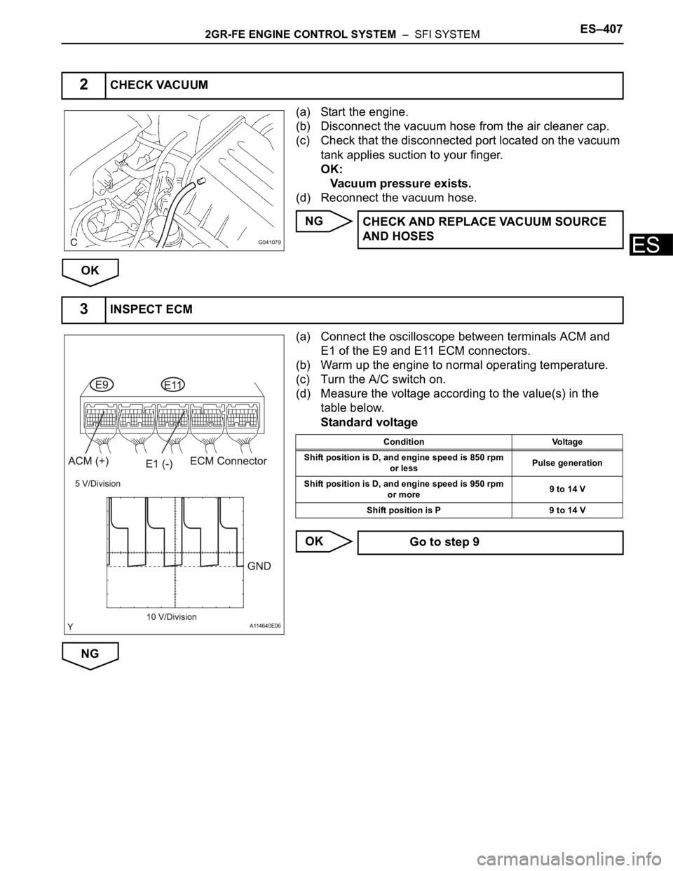 TOYOTA SIENNA 2007  Service Repair Manual 2GR-FE ENGINE CONTROL SYSTEM  –  SFI SYSTEMES–407
ES
(a) Start the engine.
(b) Disconnect the vacuum hose from the air cleaner cap.
(c) Check that the disconnected port located on the vacuum 
tank