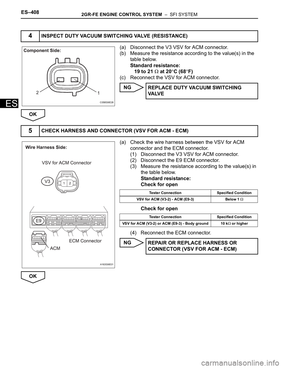 TOYOTA SIENNA 2007  Service Repair Manual ES–4082GR-FE ENGINE CONTROL SYSTEM  –  SFI SYSTEM
ES
(a) Disconnect the V3 VSV for ACM connector.
(b) Measure the resistance according to the value(s) in the 
table below.
Standard resistance:
19 