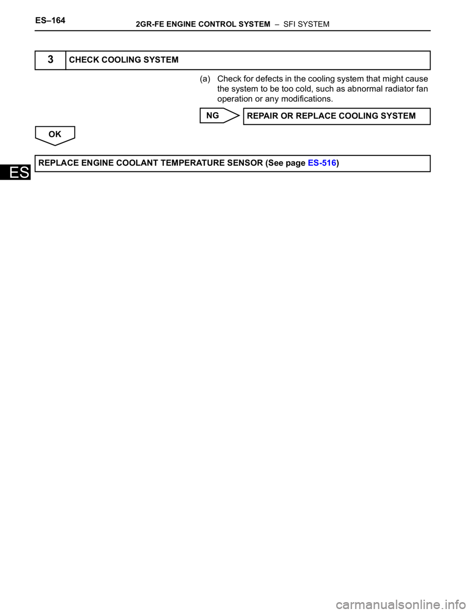 TOYOTA SIENNA 2007  Service Repair Manual ES–1642GR-FE ENGINE CONTROL SYSTEM  –  SFI SYSTEM
ES
(a) Check for defects in the cooling system that might cause 
the system to be too cold, such as abnormal radiator fan 
operation or any modifi