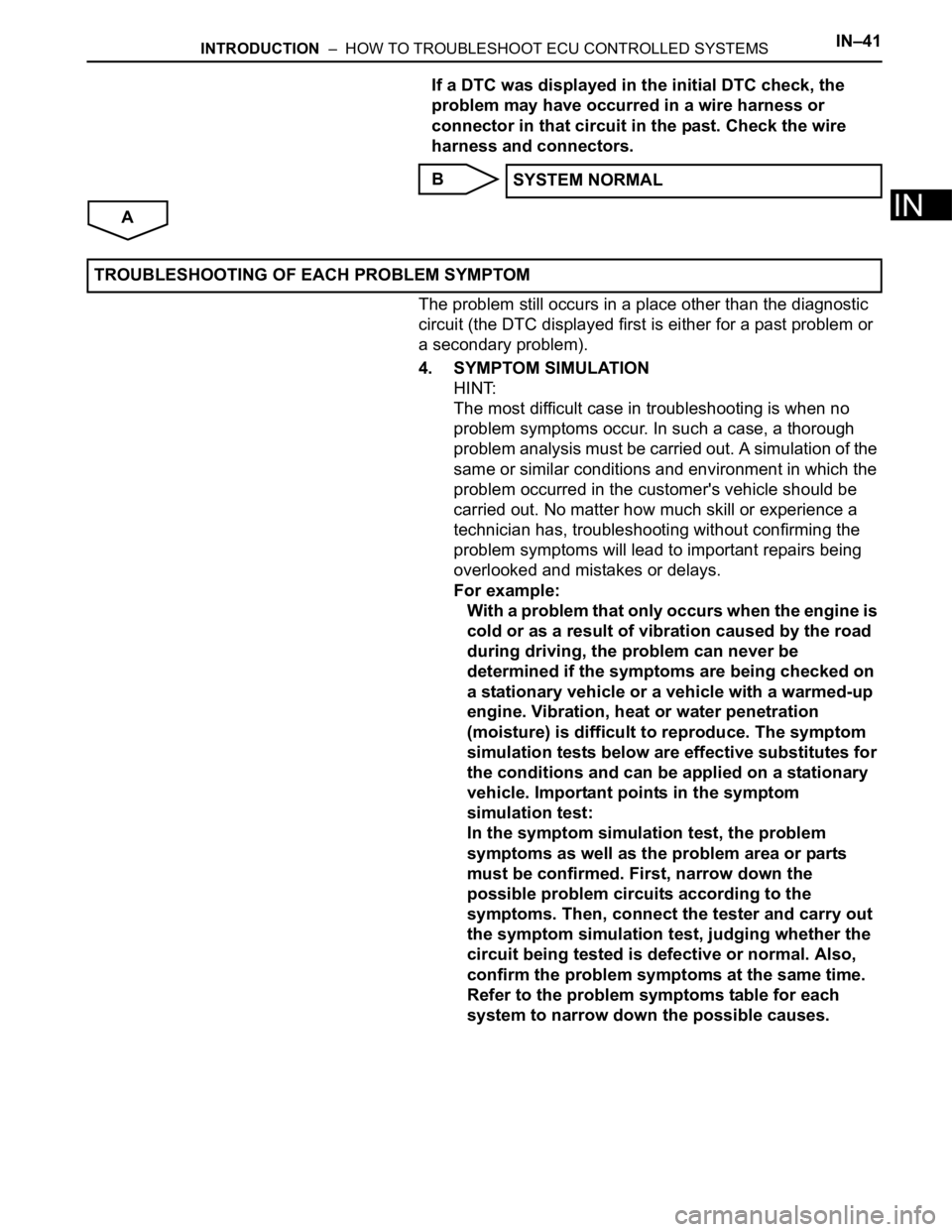 TOYOTA SIENNA 2007 Service Repair Manual INTRODUCTION – HOW TO TROUBLESHOOT ECU CONTROLLED SYSTEMSIN–41
IN
If a DTC was displayed in the initial DTC check, the
problem may have occurred in a wire harness or
connector in that circuit TOYOTA SIENNA 2007 Service Repair Manual INTRODUCTION – HOW TO TROUBLESHOOT ECU CONTROLLED SYSTEMSIN–41
IN
If a DTC was displayed in the initial DTC check, the
problem may have occurred in a wire harness or
connector in that circuit
