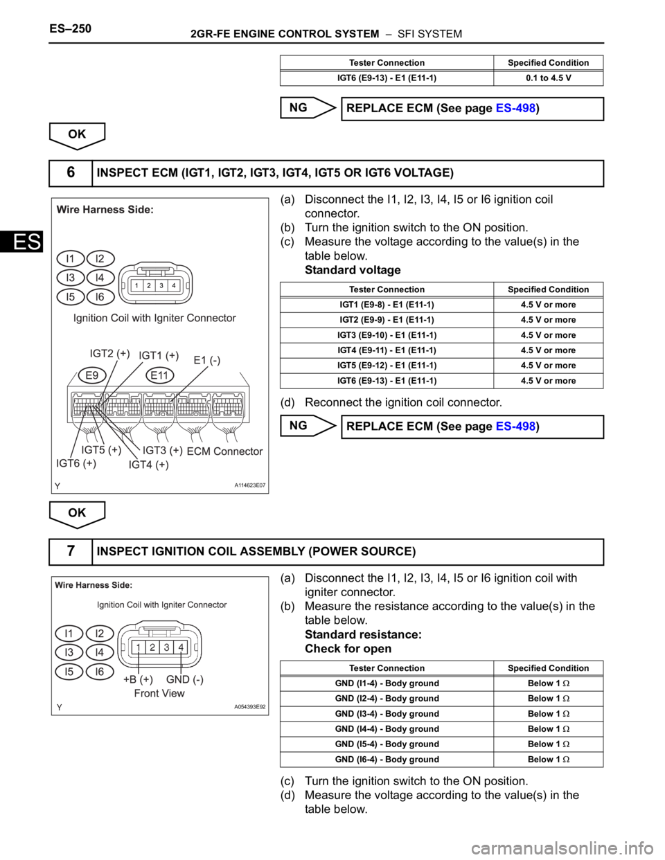 TOYOTA SIENNA 2007 Service Repair Manual ES–2502GR-FE ENGINE CONTROL SYSTEM – SFI SYSTEM
ES
NG
OK
(a) Disconnect the I1, I2, I3, I4, I5 or I6 ignition coil
connector.
(b) Turn the ignition switch to the ON position.
(c) Measure the vo TOYOTA SIENNA 2007 Service Repair Manual ES–2502GR-FE ENGINE CONTROL SYSTEM – SFI SYSTEM
ES
NG
OK
(a) Disconnect the I1, I2, I3, I4, I5 or I6 ignition coil
connector.
(b) Turn the ignition switch to the ON position.
(c) Measure the vo