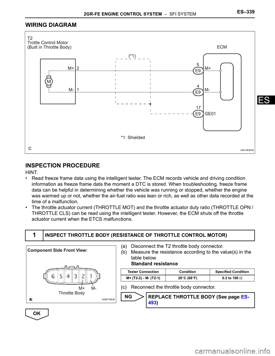 TOYOTA SIENNA 2007 Service Repair Manual 2GR-FE ENGINE CONTROL SYSTEM – SFI SYSTEMES–339
ES
WIRING DIAGRAM
INSPECTION PROCEDURE
HINT:
• Read freeze frame data using the intelligent tester. The ECM records vehicle and driving conditio TOYOTA SIENNA 2007 Service Repair Manual 2GR-FE ENGINE CONTROL SYSTEM – SFI SYSTEMES–339
ES
WIRING DIAGRAM
INSPECTION PROCEDURE
HINT:
• Read freeze frame data using the intelligent tester. The ECM records vehicle and driving conditio