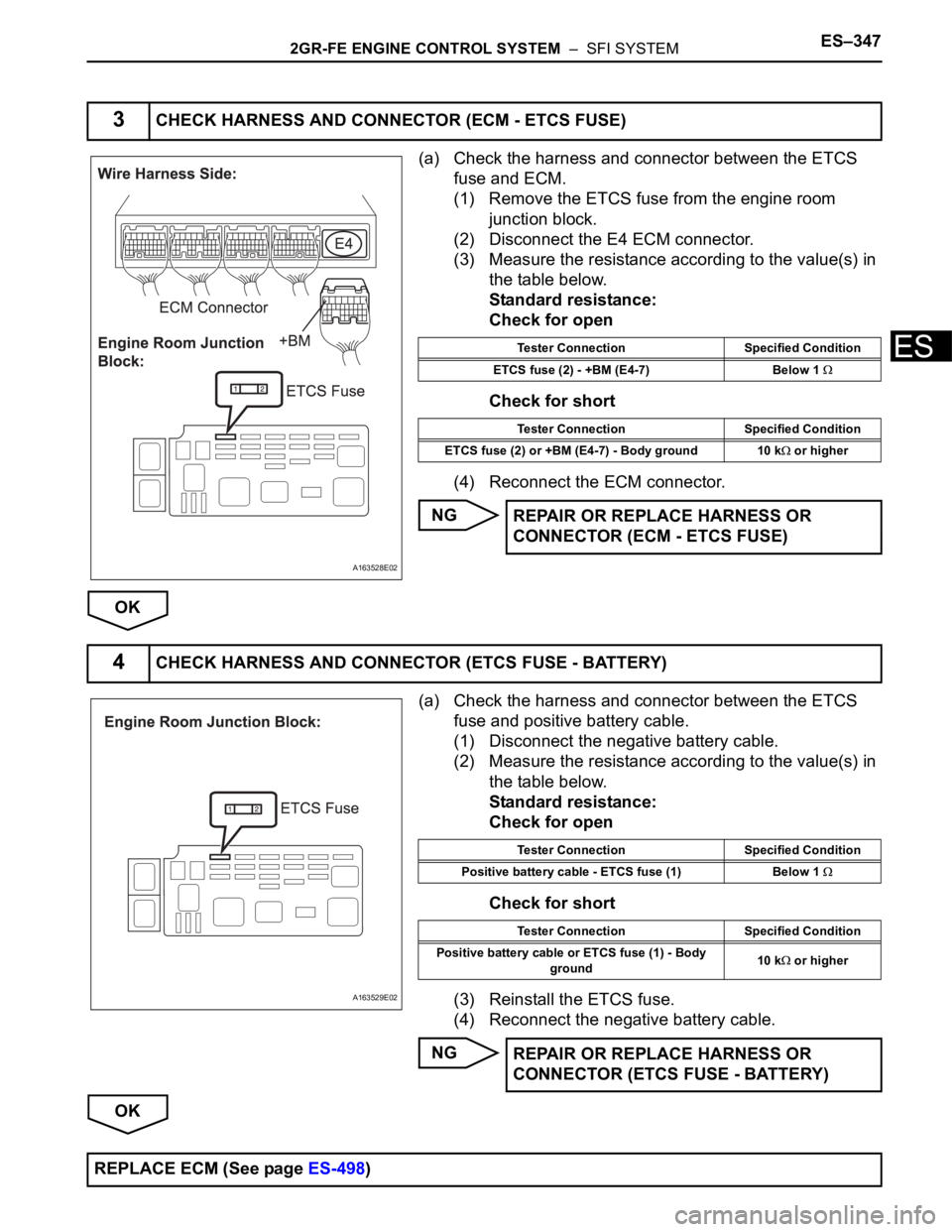 TOYOTA SIENNA 2007 Service Repair Manual 2GR-FE ENGINE CONTROL SYSTEM – SFI SYSTEMES–347
ES
(a) Check the harness and connector between the ETCS
fuse and ECM.
(1) Remove the ETCS fuse from the engine room
junction block.
(2) Disconne TOYOTA SIENNA 2007 Service Repair Manual 2GR-FE ENGINE CONTROL SYSTEM – SFI SYSTEMES–347
ES
(a) Check the harness and connector between the ETCS
fuse and ECM.
(1) Remove the ETCS fuse from the engine room
junction block.
(2) Disconne