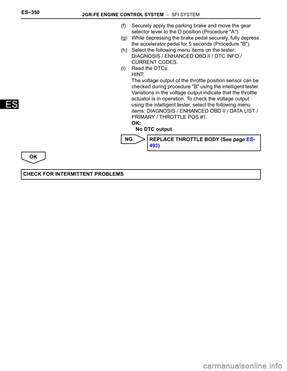 TOYOTA SIENNA 2007  Service Repair Manual ES–3502GR-FE ENGINE CONTROL SYSTEM  –  SFI SYSTEM
ES
(f) Securely apply the parking brake and move the gear 
selector lever to the D position (Procedure "A").
(g) While depressing the brak