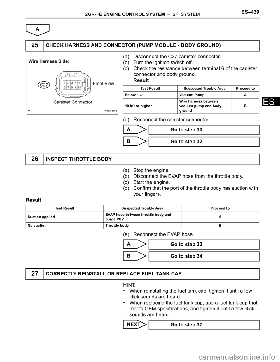 TOYOTA SIENNA 2007  Service Repair Manual 2GR-FE ENGINE CONTROL SYSTEM  –  SFI SYSTEMES–439
ES
A
(a) Disconnect the C27 canister connector.
(b) Turn the ignition switch off.
(c) Check the resistance between terminal 6 of the canister 
con