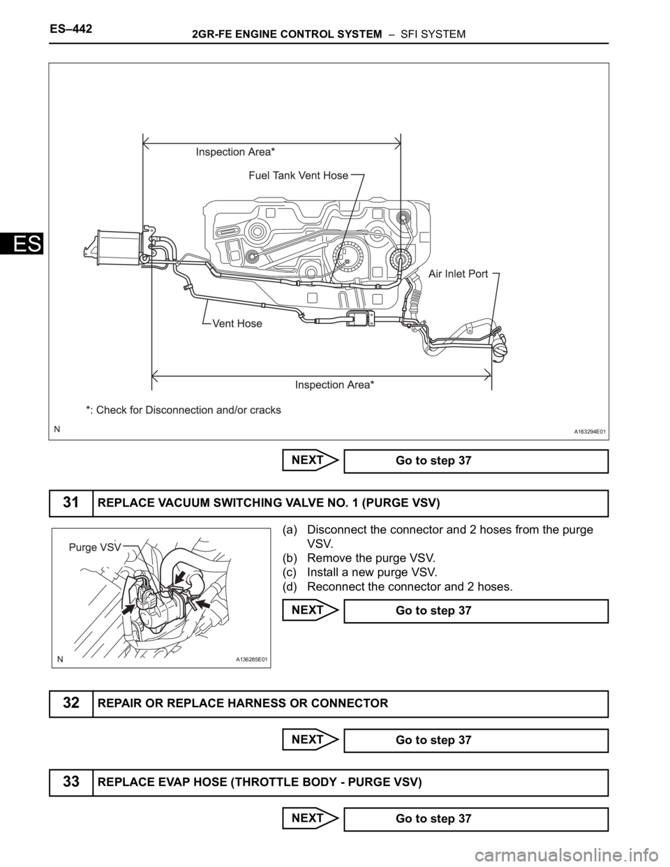 TOYOTA SIENNA 2007  Service Repair Manual ES–4422GR-FE ENGINE CONTROL SYSTEM  –  SFI SYSTEM
ES
NEXT
(a) Disconnect the connector and 2 hoses from the purge 
VSV.
(b) Remove the purge VSV.
(c) Install a new purge VSV.
(d) Reconnect the con