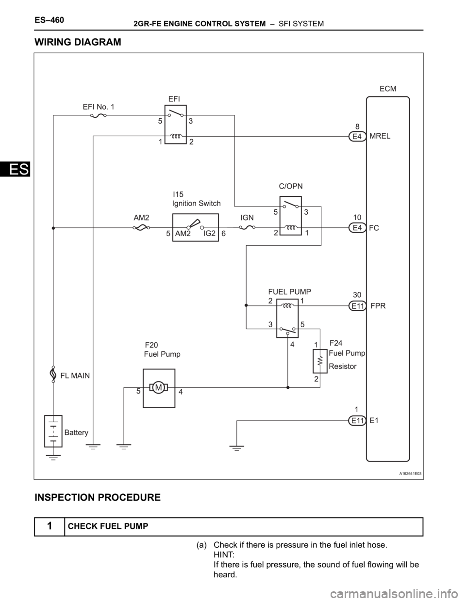 TOYOTA SIENNA 2007  Service Repair Manual ES–4602GR-FE ENGINE CONTROL SYSTEM  –  SFI SYSTEM
ES
WIRING DIAGRAM
INSPECTION PROCEDURE
(a) Check if there is pressure in the fuel inlet hose.
HINT:
If there is fuel pressure, the sound of fuel f