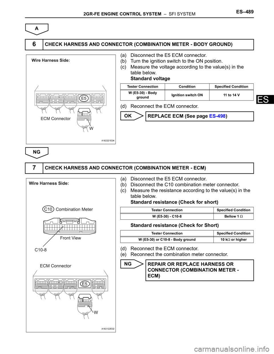 TOYOTA SIENNA 2007 Service Repair Manual 2GR-FE ENGINE CONTROL SYSTEM – SFI SYSTEMES–489
ES
A
(a) Disconnect the E5 ECM connector.
(b) Turn the ignition switch to the ON position.
(c) Measure the voltage according to the value(s) in th TOYOTA SIENNA 2007 Service Repair Manual 2GR-FE ENGINE CONTROL SYSTEM – SFI SYSTEMES–489
ES
A
(a) Disconnect the E5 ECM connector.
(b) Turn the ignition switch to the ON position.
(c) Measure the voltage according to the value(s) in th