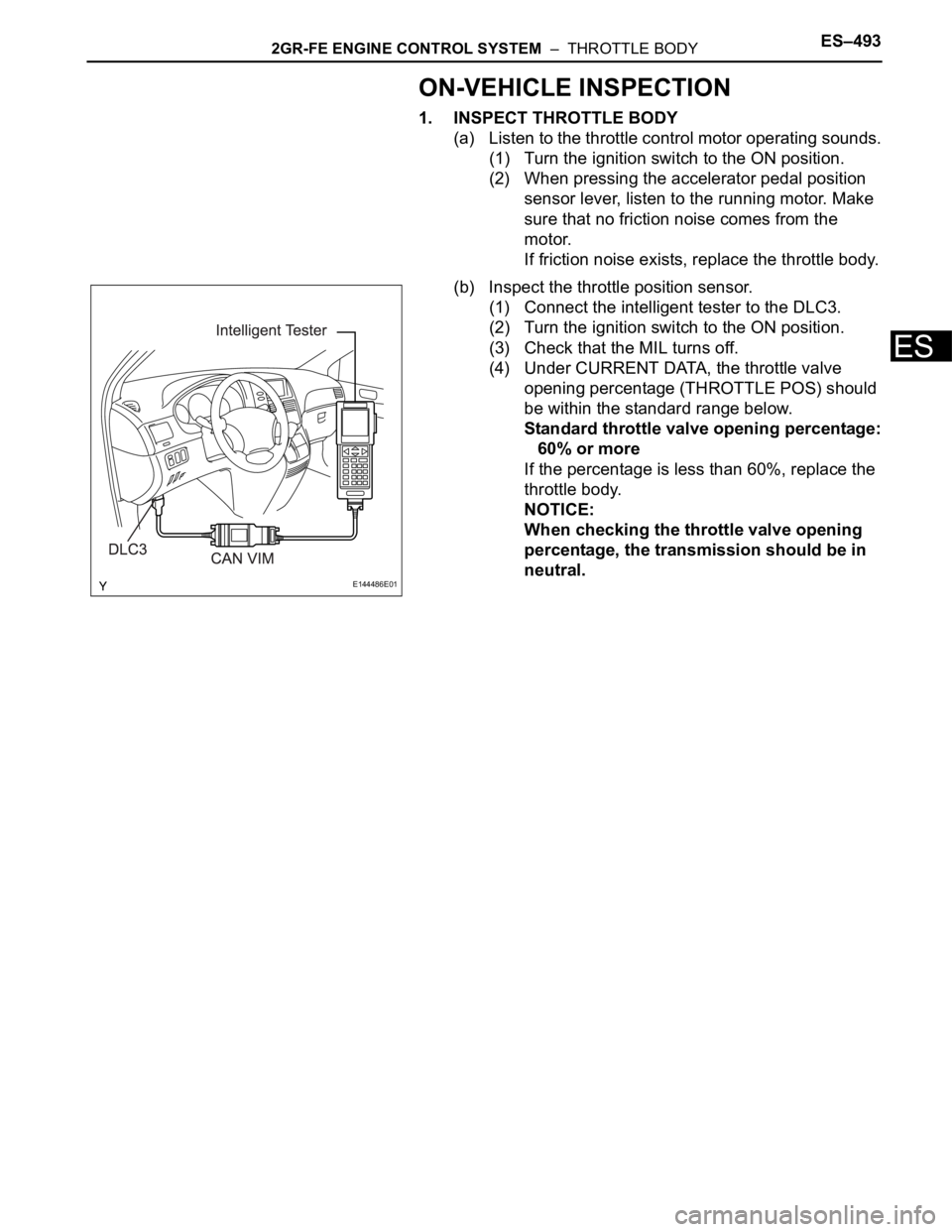 TOYOTA SIENNA 2007  Service Repair Manual 2GR-FE ENGINE CONTROL SYSTEM  –  THROTTLE BODYES–493
ES
ON-VEHICLE INSPECTION
1. INSPECT THROTTLE BODY
(a) Listen to the throttle control motor operating sounds.
(1) Turn the ignition switch to th