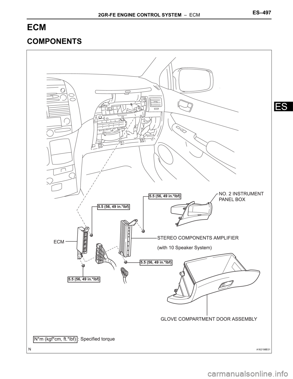 TOYOTA SIENNA 2007  Service Repair Manual 2GR-FE ENGINE CONTROL SYSTEM  –  ECMES–497
ES
ENGINE
2GR-FE ENGINE CONTROL SYSTEM
ECM
COMPONENTS
A162198E01 