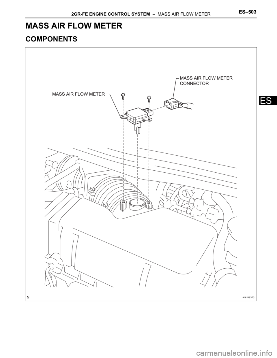 TOYOTA SIENNA 2007  Service Repair Manual 2GR-FE ENGINE CONTROL SYSTEM  –  MASS AIR FLOW METERES–503
ES
ENGINE
2GR-FE ENGINE CONTROL SYSTEM
MASS AIR FLOW METER
COMPONENTS
A162193E01 