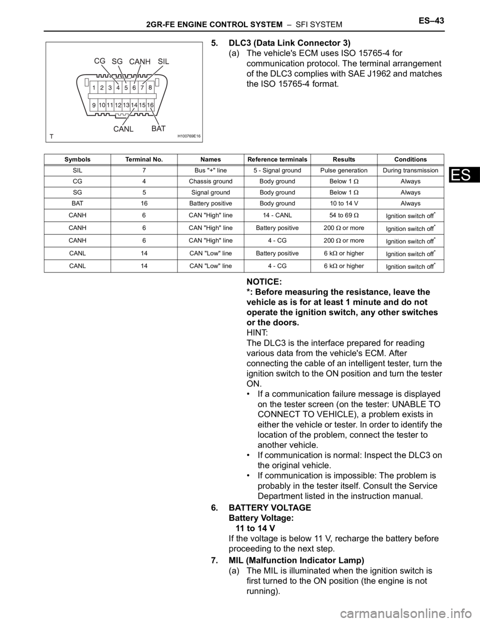 TOYOTA SIENNA 2007  Service Repair Manual 2GR-FE ENGINE CONTROL SYSTEM  –  SFI SYSTEMES–43
ES
5. DLC3 (Data Link Connector 3)
(a) The vehicle's ECM uses ISO 15765-4 for 
communication protocol. The terminal arrangement 
of the DLC3 co