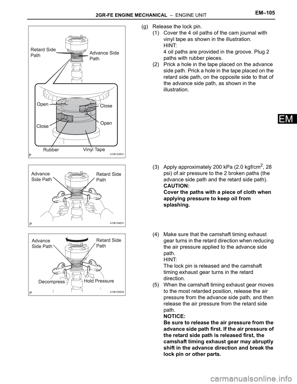 TOYOTA SIENNA 2007 Service Repair Manual 2GR-FE ENGINE MECHANICAL – ENGINE UNITEM–105
EM
(g) Release the lock pin.
(1) Cover the 4 oil paths of the cam journal with
vinyl tape as shown in the illustration.
HINT:
4 oil paths are provid TOYOTA SIENNA 2007 Service Repair Manual 2GR-FE ENGINE MECHANICAL – ENGINE UNITEM–105
EM
(g) Release the lock pin.
(1) Cover the 4 oil paths of the cam journal with
vinyl tape as shown in the illustration.
HINT:
4 oil paths are provid
