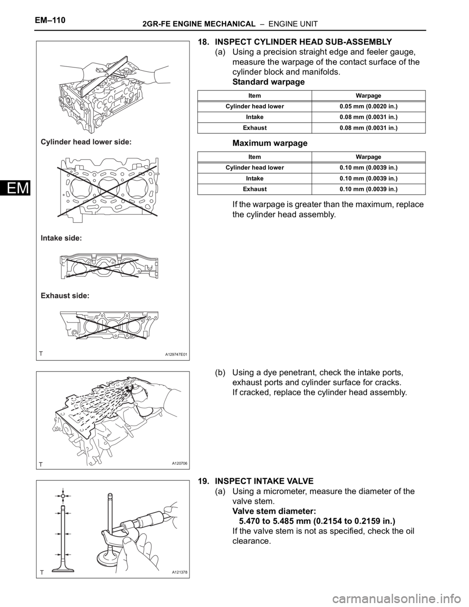 TOYOTA SIENNA 2007  Service Repair Manual EM–1102GR-FE ENGINE MECHANICAL  –  ENGINE UNIT
EM
18. INSPECT CYLINDER HEAD SUB-ASSEMBLY
(a) Using a precision straight edge and feeler gauge, 
measure the warpage of the contact surface of the 
c