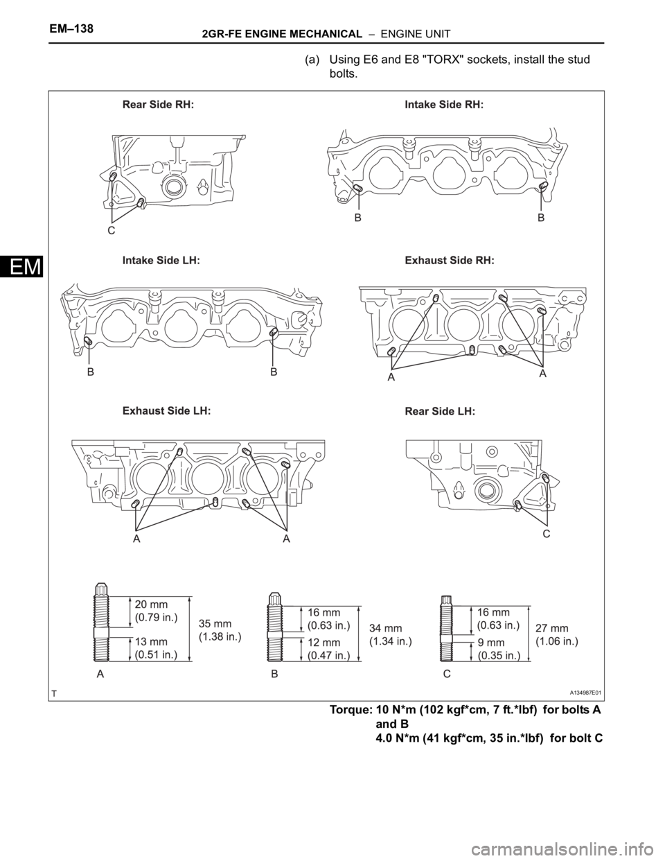 TOYOTA SIENNA 2007  Service Repair Manual EM–1382GR-FE ENGINE MECHANICAL  –  ENGINE UNIT
EM
(a) Using E6 and E8 "TORX" sockets, install the stud 
bolts.
Torque: 10 N*m (102 kgf*cm, 7 ft.*lbf)  for bolts A 
and B
4.0 N*m (41 kgf*cm