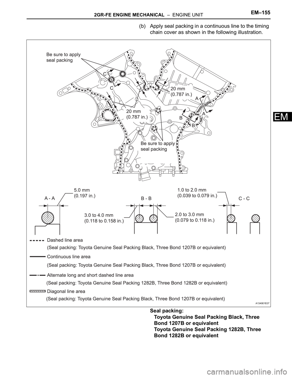 TOYOTA SIENNA 2007  Service Repair Manual 2GR-FE ENGINE MECHANICAL  –  ENGINE UNITEM–155
EM
(b) Apply seal packing in a continuous line to the timing 
chain cover as shown in the following illustration.
Seal packing:
Toyota Genuine Seal P