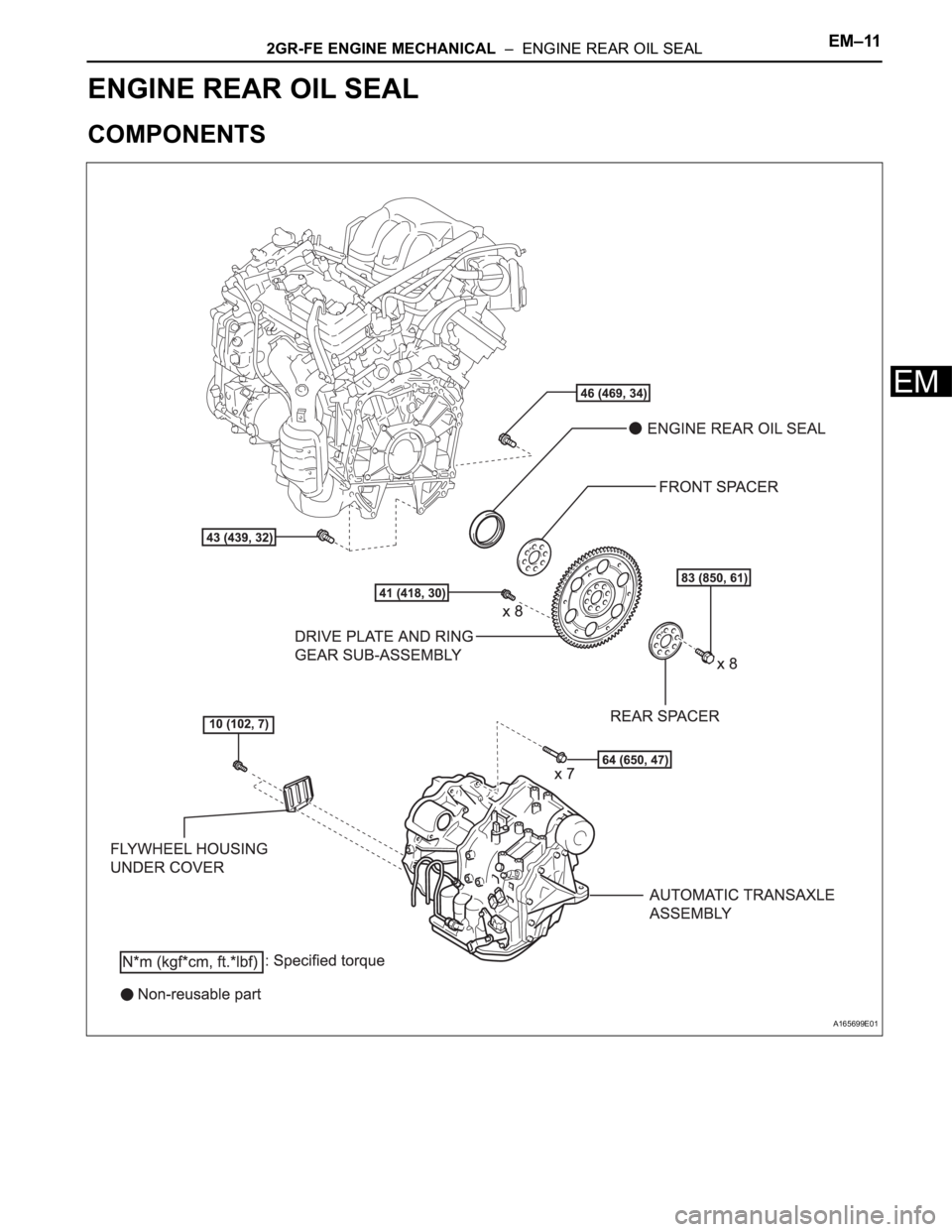 TOYOTA SIENNA 2007  Service Repair Manual 2GR-FE ENGINE MECHANICAL  –  ENGINE REAR OIL SEALEM–11
EM
ENGINE
2GR-FE ENGINE MECHANICAL
ENGINE REAR OIL SEAL
COMPONENTS
A165699E01 