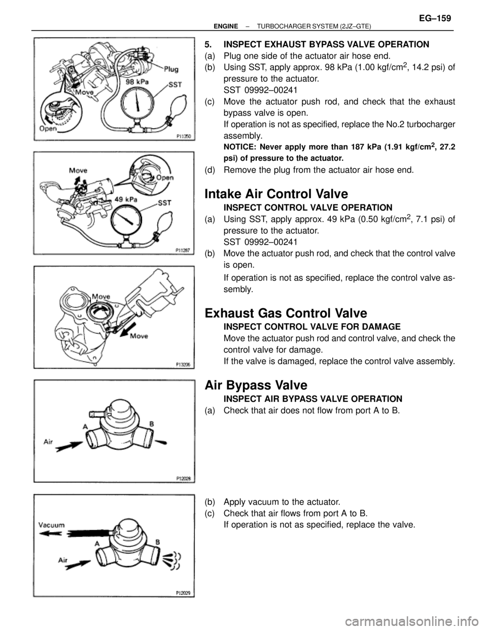 TOYOTA SUPRA 1986  Service Repair Manual 5.  INSPECT EXHAUST BYPASS VALVE OPERATION
(a)  Plug one side of the actuator air hose end.
(b)  Using SST, apply approx. 98 kPa (1.00 kgf/cm
2, 14.2 psi) of
pressure to the actuator.
SST 09992±00241