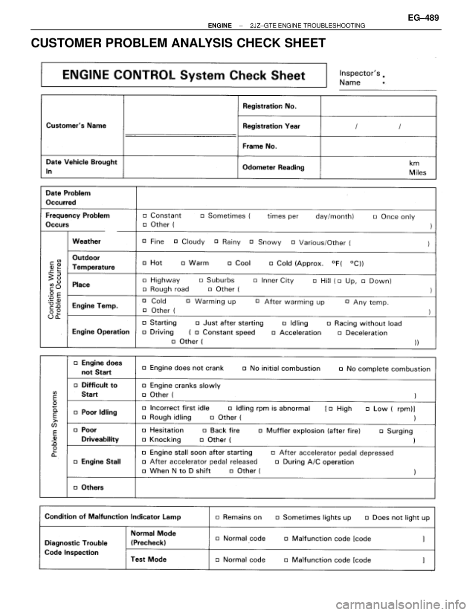 TOYOTA SUPRA 1986  Service Repair Manual CUSTOMER PROBLEM ANALYSIS CHECK SHEET
± ENGINE2JZ±GTE ENGINE TROUBLESHOOTINGEG±489 