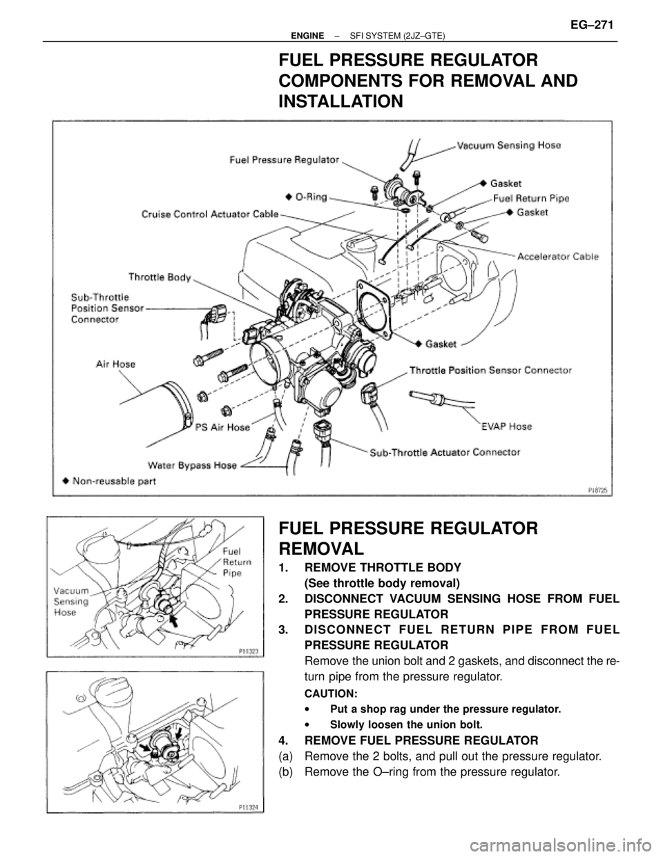 TOYOTA SUPRA 1986  Service Repair Manual FUEL PRESSURE REGULATOR
COMPONENTS FOR REMOVAL AND
INSTALLATION
FUEL PRESSURE REGULATOR
REMOVAL
1.  REMOVE THROTTLE BODY
(See throttle body removal)
2.  DISCONNECT VACUUM SENSING HOSE FROM FUEL
PRESSU