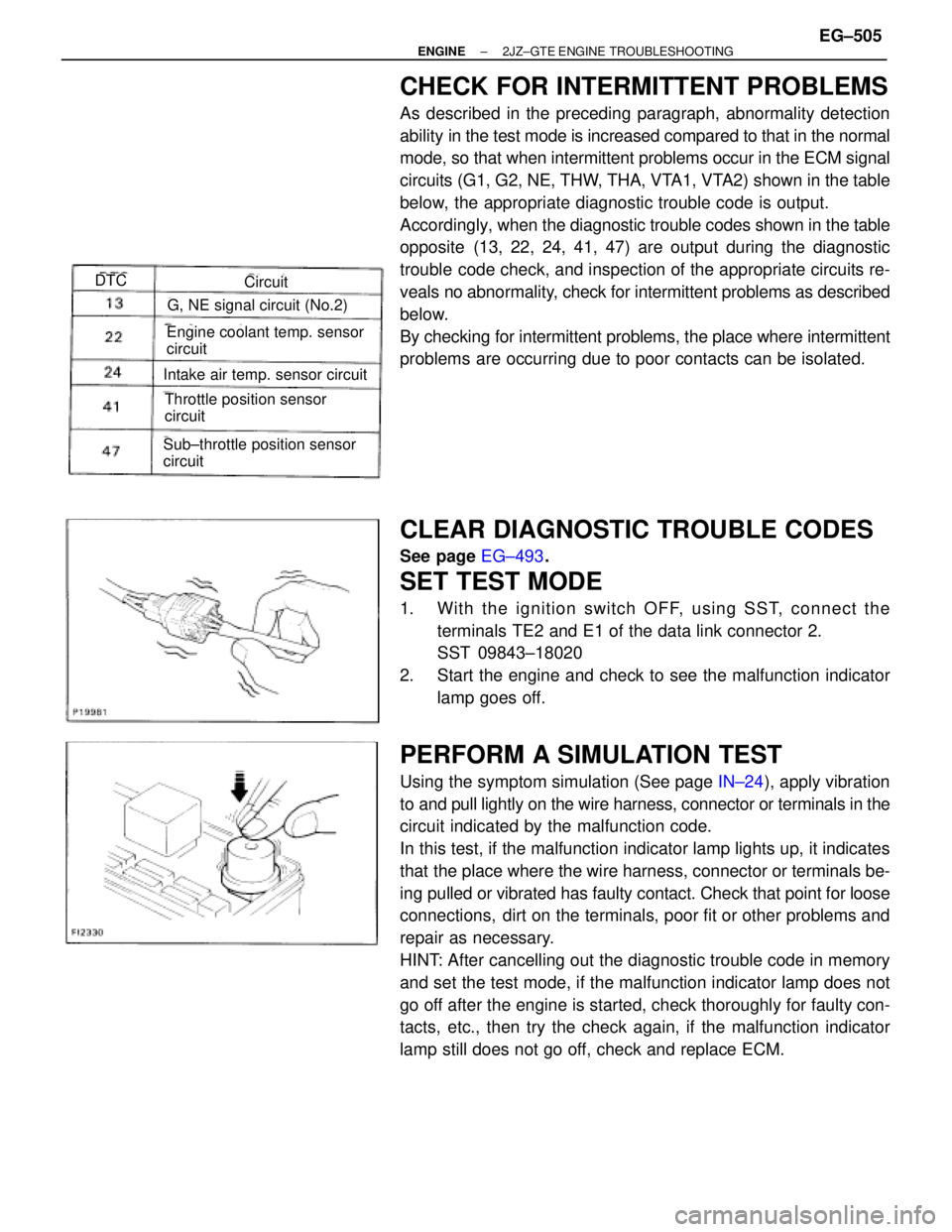 TOYOTA SUPRA 1986  Service Repair Manual G, NE signal circuit (No.2)
Engine coolant temp. sensor
circuit
Intake air temp. sensor circuit
Throttle position sensor
circuit
Sub±throttle position sensor
circuit
CircuitDTC
CHECK FOR INTERMITTENT