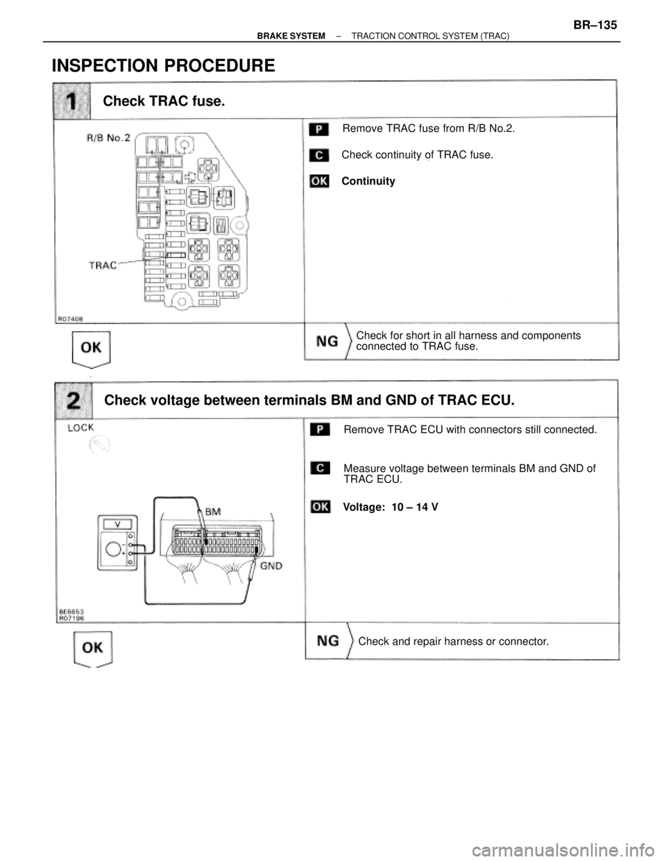 TOYOTA SUPRA 1995  Service Repair Manual Remove TRAC fuse from R/B No.2.
Check continuity of TRAC fuse.
Continuity
Check TRAC fuse.
Check for short in all harness and components
connected to TRAC fuse.
INSPECTION PROCEDURE
Check voltage betw