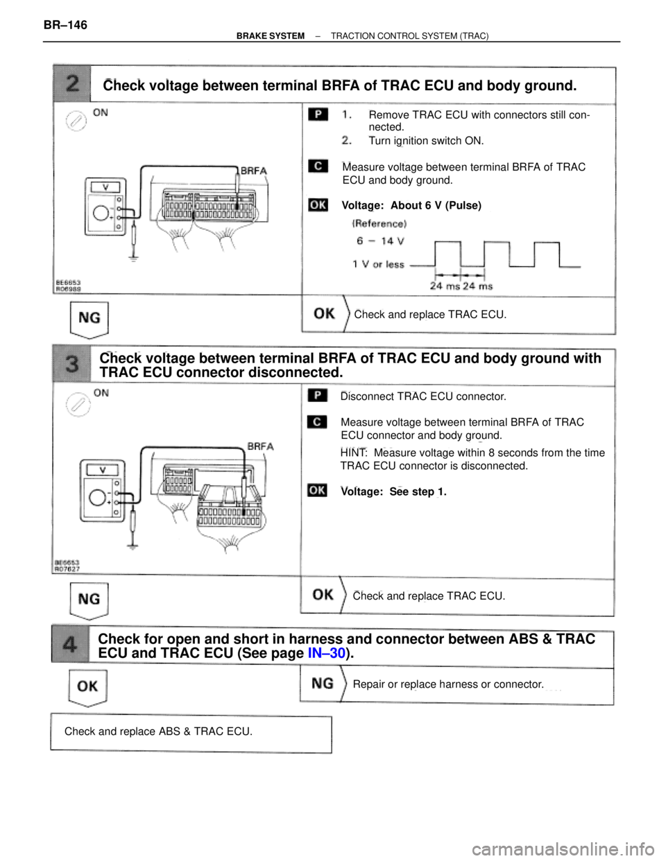 TOYOTA SUPRA 1995  Service Repair Manual Check voltage between terminal BRFA of TRAC ECU and body ground.
Remove TRAC ECU with connectors still con-
nected.
Turn ignition switch ON.
Measure voltage between terminal BRFA of TRAC
ECU and body 