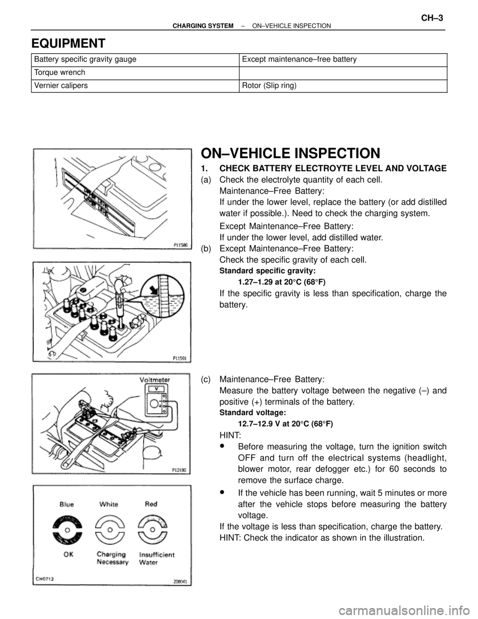 TOYOTA SUPRA 1995 Service Repair Manual EQUIPMENT
Battery specific gravity gauge Except maintenance±free battery
Torque wrench TOYOTA SUPRA 1995 Service Repair Manual EQUIPMENT
Battery specific gravity gauge Except maintenance±free battery
Torque wrench