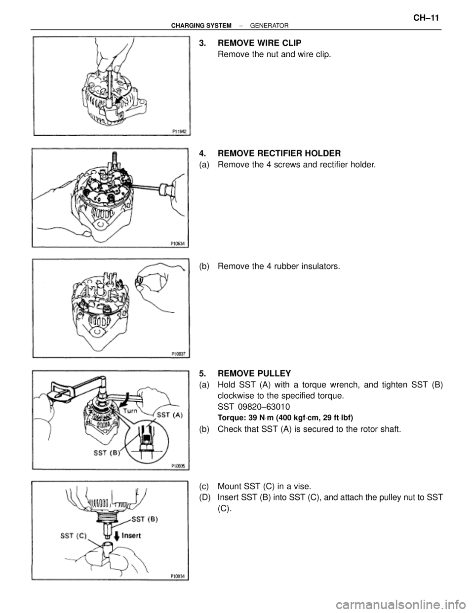 TOYOTA SUPRA 1995  Service Repair Manual 3.  REMOVE WIRE CLIP
Remove the nut and wire clip.
4.  REMOVE RECTIFIER HOLDER
(a) Remove the 4 screws and rectifier holder.
(b)  Remove the 4 rubber insulators.
5. REMOVE PULLEY
(a)  Hold SST (A) wit