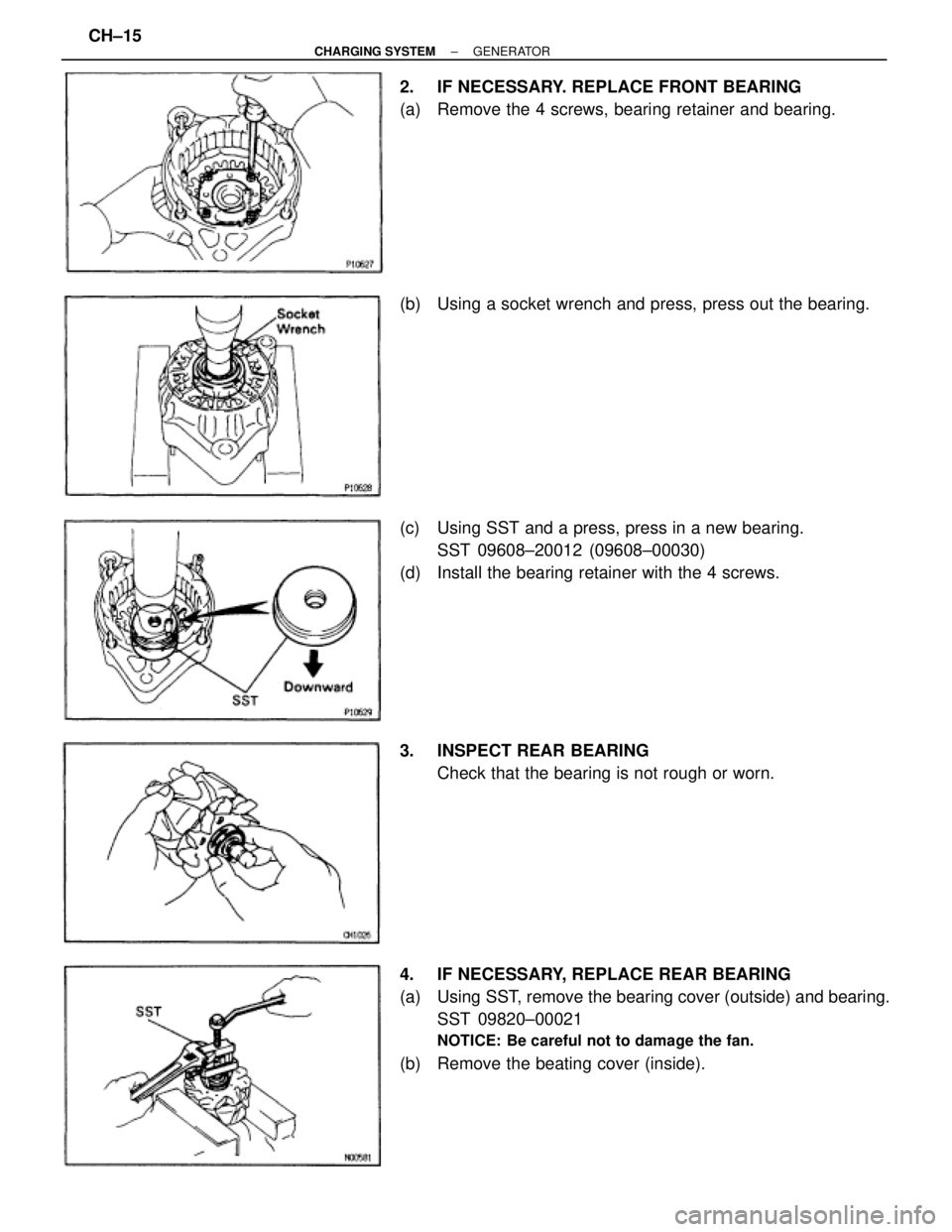 TOYOTA SUPRA 1995  Service Repair Manual 2.  IF NECESSARY. REPLACE FRONT BEARING
(a) Remove the 4 screws, bearing retainer and bearing.
(b) Using a socket wrench and press, press out the bearing.
(c) Using SST and a press, press in a new bea