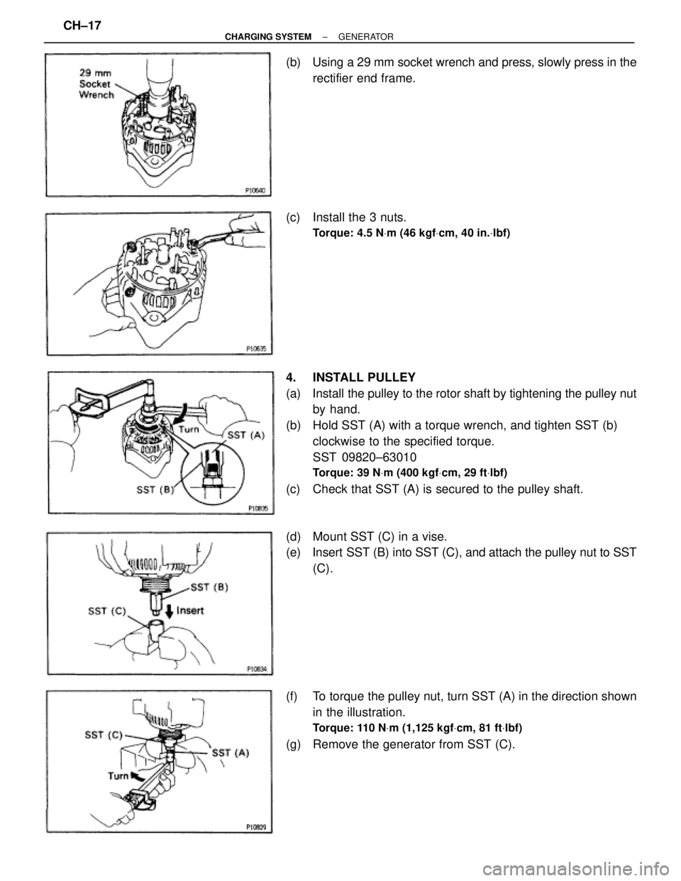 TOYOTA SUPRA 1995  Service Repair Manual (b)  Using a 29 mm socket wrench and press, slowly press in the
rectifier end frame.
(c)  Install the 3 nuts.
Torque: 4.5 NVm (46 kgfVcm, 40 in.Vlbf)
4. INSTALL PULLEY
(a)  Install the pulley to the r
