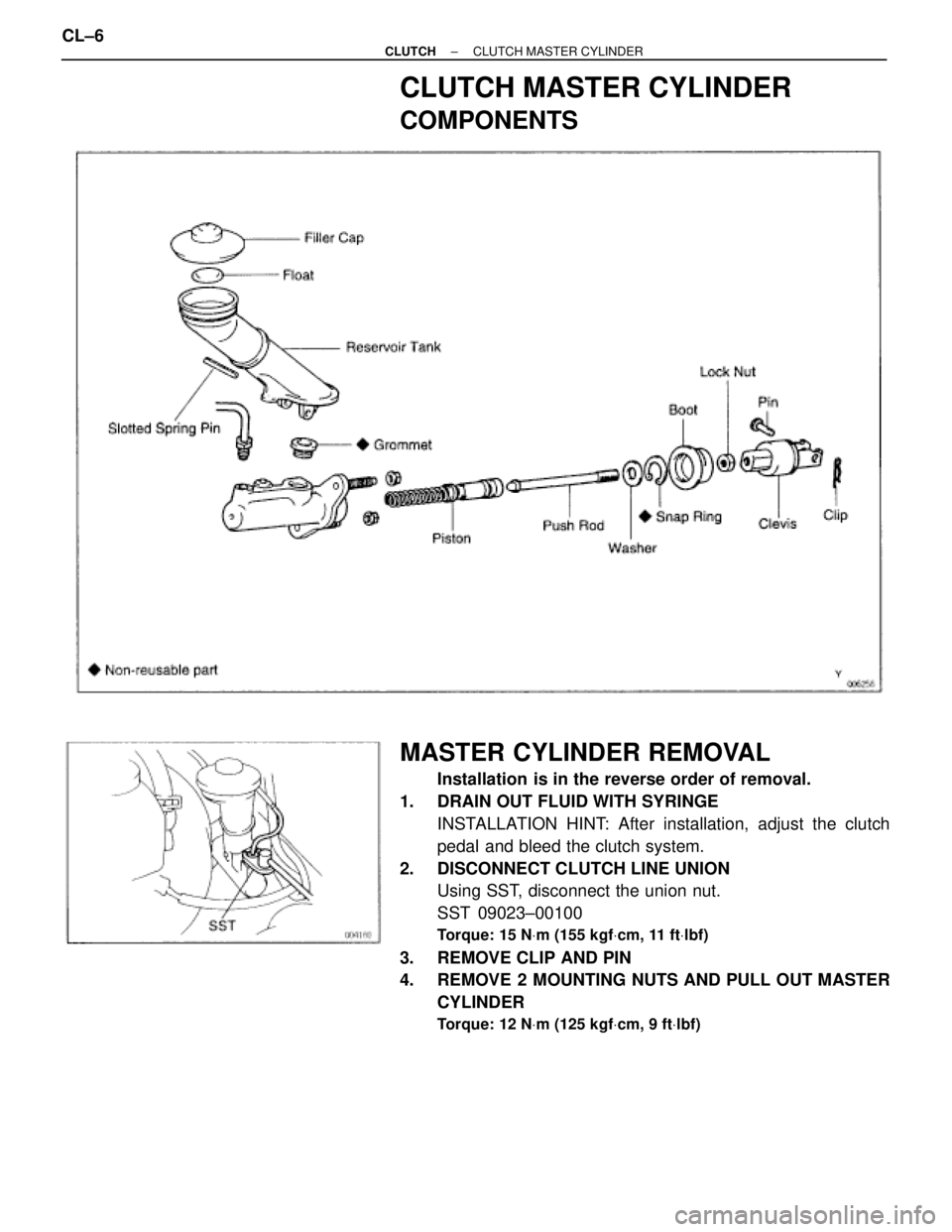 TOYOTA SUPRA 1995  Service Repair Manual CLUTCH MASTER CYLINDER
COMPONENTS
MASTER CYLINDER REMOVAL
Installation is in the reverse order of removal.
1.  DRAIN OUT FLUID WITH SYRINGE
INSTALLATION HINT: After installation, adjust the clutch
ped