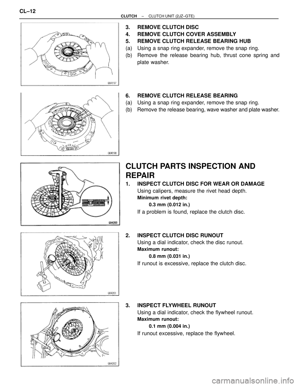 TOYOTA SUPRA 1995  Service Repair Manual 3.  REMOVE CLUTCH DISC
4.  REMOVE CLUTCH COVER ASSEMBLY
5.  REMOVE CLUTCH RELEASE BEARING HUB
(a)  Using a snap ring expander, remove the snap ring.
(b)  Remove the release bearing hub, thrust cone sp