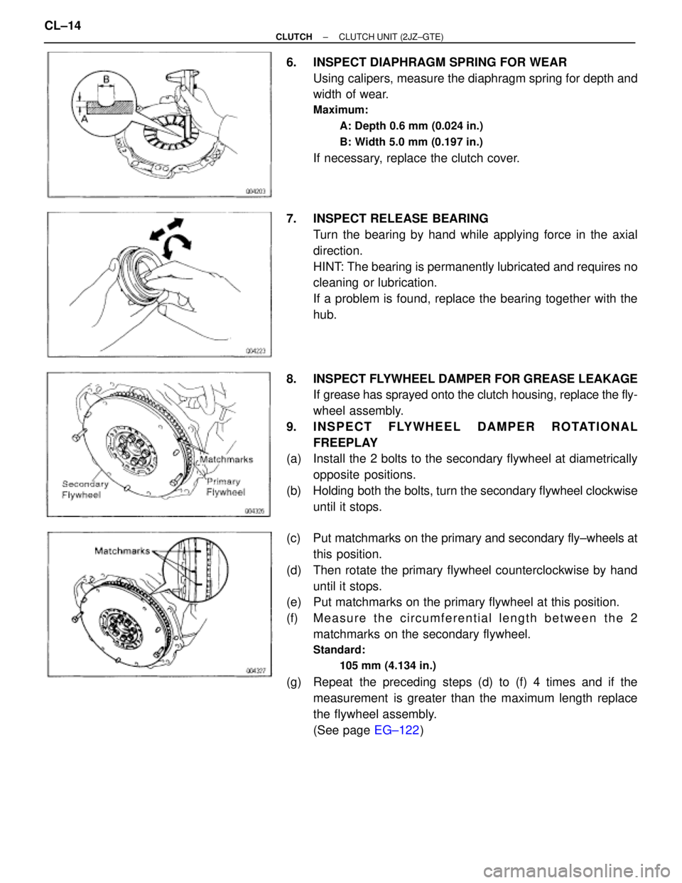 TOYOTA SUPRA 1995 Service Repair Manual 6. INSPECT DIAPHRAGM SPRING FOR WEAR
Using calipers, measure the diaphragm spring for depth and
width of wear.
Maximum:
A: Depth 0.6 mm (0.024 in.)
B: Width 5.0 mm (0.197 in.)
If necessary, replace t TOYOTA SUPRA 1995 Service Repair Manual 6. INSPECT DIAPHRAGM SPRING FOR WEAR
Using calipers, measure the diaphragm spring for depth and
width of wear.
Maximum:
A: Depth 0.6 mm (0.024 in.)
B: Width 5.0 mm (0.197 in.)
If necessary, replace t
