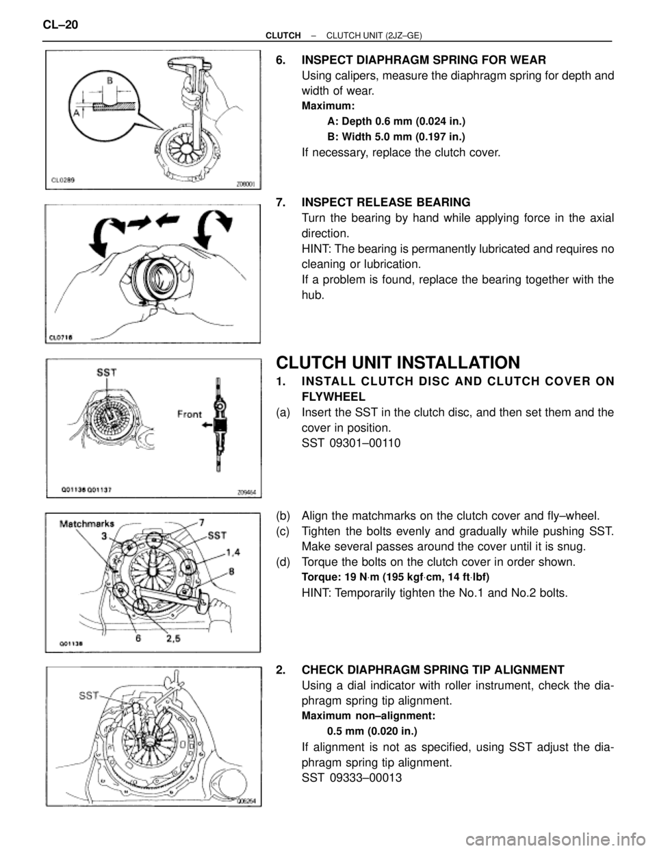 TOYOTA SUPRA 1995 Service Repair Manual 6. INSPECT DIAPHRAGM SPRING FOR WEAR
Using calipers, measure the diaphragm spring for depth and
width of wear.
Maximum:
A: Depth 0.6 mm (0.024 in.)
B: Width 5.0 mm (0.197 in.)
If necessary, replace t TOYOTA SUPRA 1995 Service Repair Manual 6. INSPECT DIAPHRAGM SPRING FOR WEAR
Using calipers, measure the diaphragm spring for depth and
width of wear.
Maximum:
A: Depth 0.6 mm (0.024 in.)
B: Width 5.0 mm (0.197 in.)
If necessary, replace t