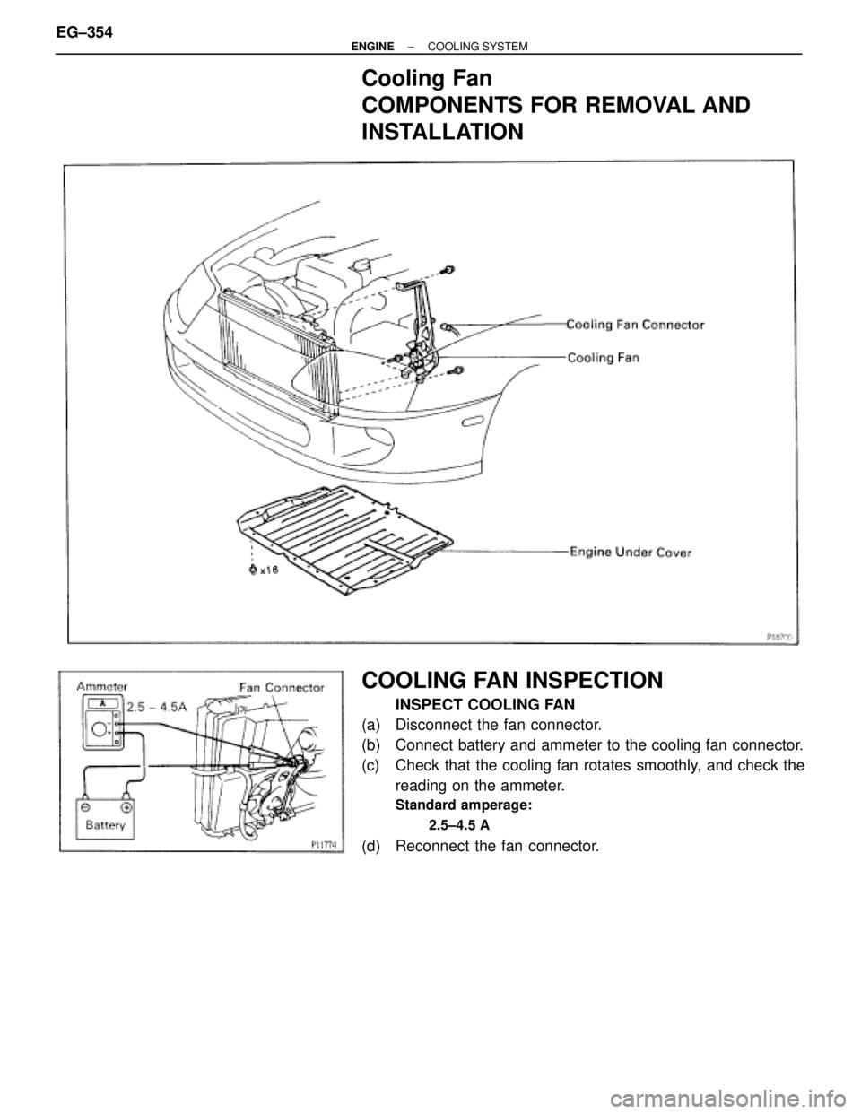 TOYOTA SUPRA 1995  Service Repair Manual Cooling Fan
COMPONENTS FOR REMOVAL AND
INSTALLATION
COOLING FAN INSPECTION
INSPECT COOLING FAN
(a)  Disconnect the fan connector.
(b)  Connect battery and ammeter to the cooling fan connector.
(c)  Ch