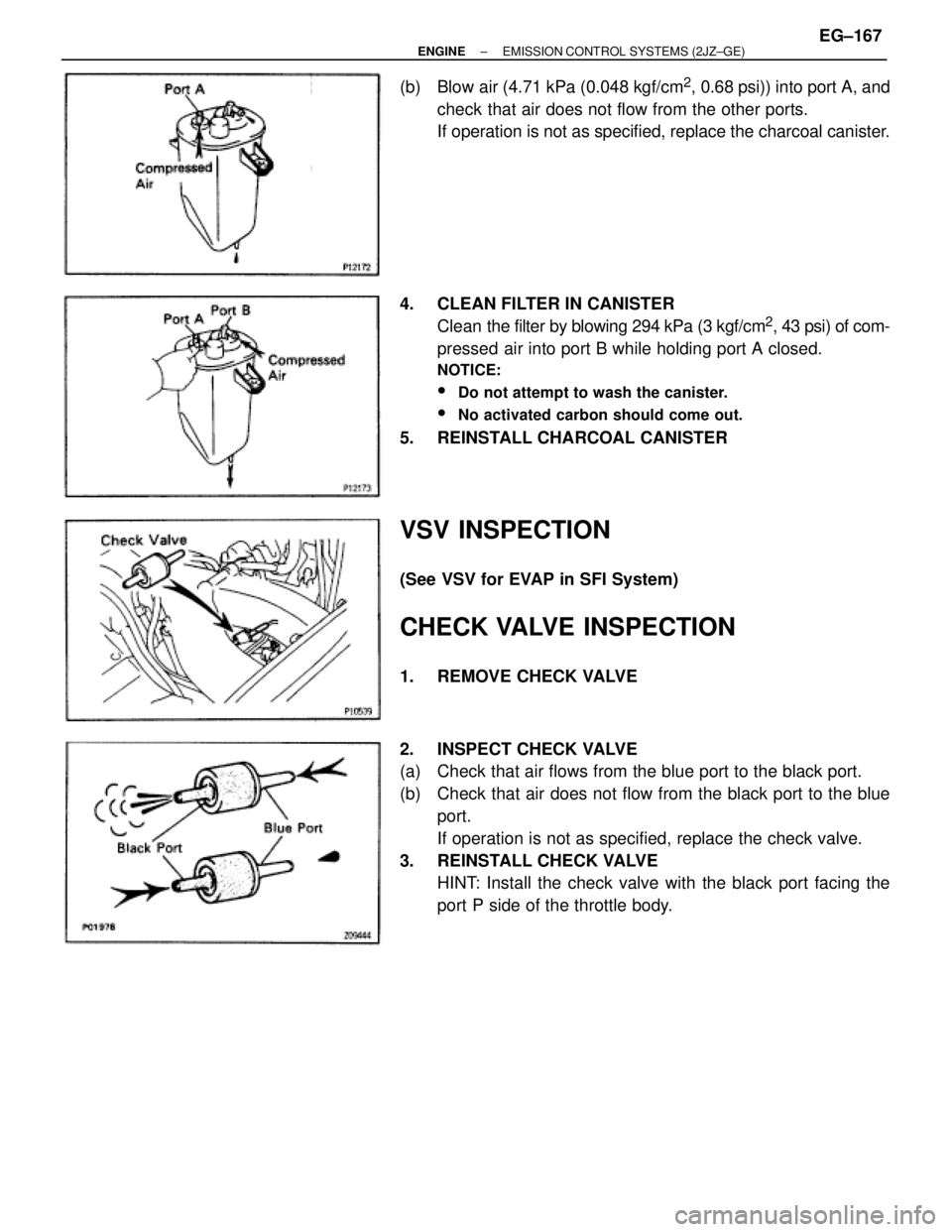 TOYOTA SUPRA 1995  Service Repair Manual (b)  Blow air (4.71 kPa (0.048 kgf/cm2, 0.68 psi)) into port A, and
check that air does not flow from the other ports.
If operation is not as specified, replace the charcoal canister.
4.  CLEAN FILTER