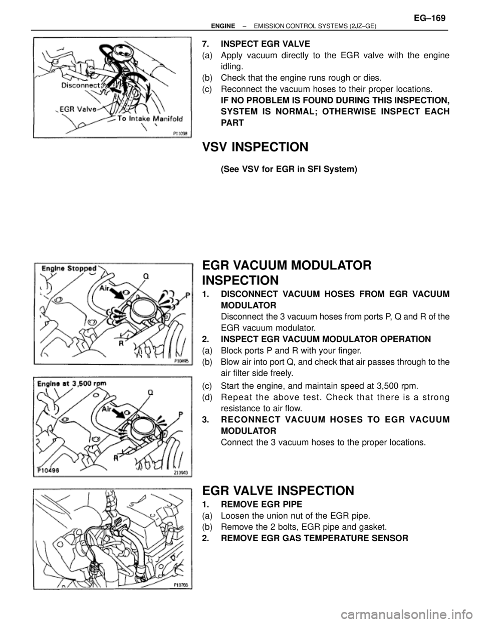 TOYOTA SUPRA 1995  Service Repair Manual 7.  INSPECT EGR VALVE
(a)  Apply vacuum directly to the EGR valve with the engine
idling.
(b)  Check that the engine runs rough or dies.
(c)  Reconnect the vacuum hoses to their proper locations.
IF N