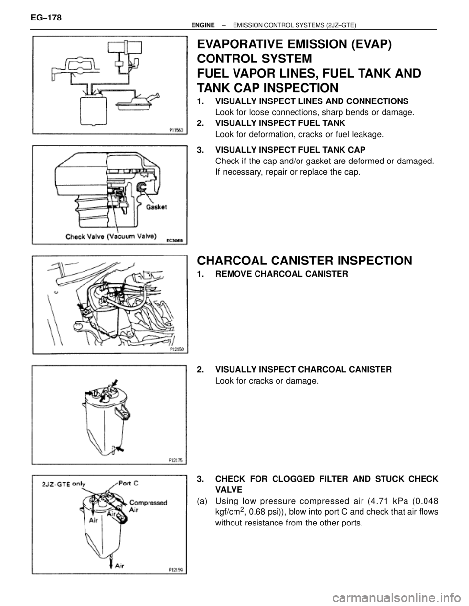 TOYOTA SUPRA 1995  Service Repair Manual EVAPORATIVE EMISSION (EVAP)
CONTROL SYSTEM
FUEL VAPOR LINES, FUEL TANK AND
TANK CAP INSPECTION
1.  VISUALLY INSPECT LINES AND CONNECTIONS
Look for loose connections, sharp bends or damage.
2.  VISUALL