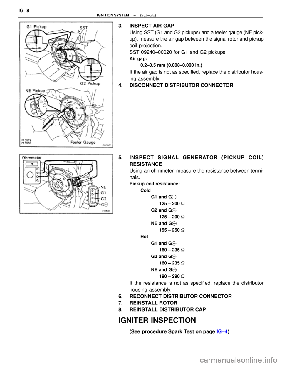TOYOTA SUPRA 1995  Service Repair Manual 3.  INSPECT AIR GAP
Using SST (G1 and G2 pickups) and a feeler gauge (NE pick-
up), measure the air gap between the signal rotor and pickup
coil projection.
SST 09240±00020 for G1 and G2 pickups
Air 