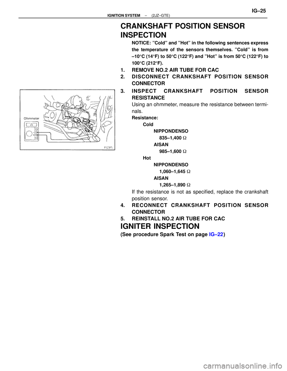 TOYOTA SUPRA 1995  Service Repair Manual CRANKSHAFT POSITION SENSOR
INSPECTION
NOTICE: ºColdº and ºHotº in the following sentences express
the temperature of the sensors themselves. ºColdº is from
±105C (145F) to 505C (1225F) and ºHo
