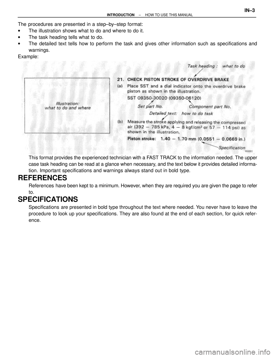 TOYOTA SUPRA 1995  Service Repair Manual The procedures are presented in a step±by±step format:
wThe illustration shows what to do and where to do it.
wThe task heading tells what to do.
wThe detailed text tells how to perform the task and