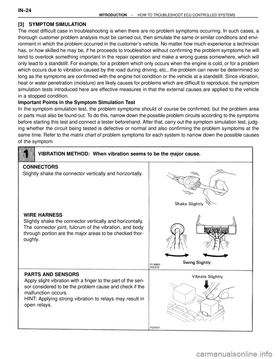TOYOTA SUPRA 1995  Service Repair Manual [3] SYMPTOM SIMULATION
The most difficult case in troubleshooting is when there are no problem symptoms occurring. In such cases, a
thorough  customer problem analysis must be carried out, then simula