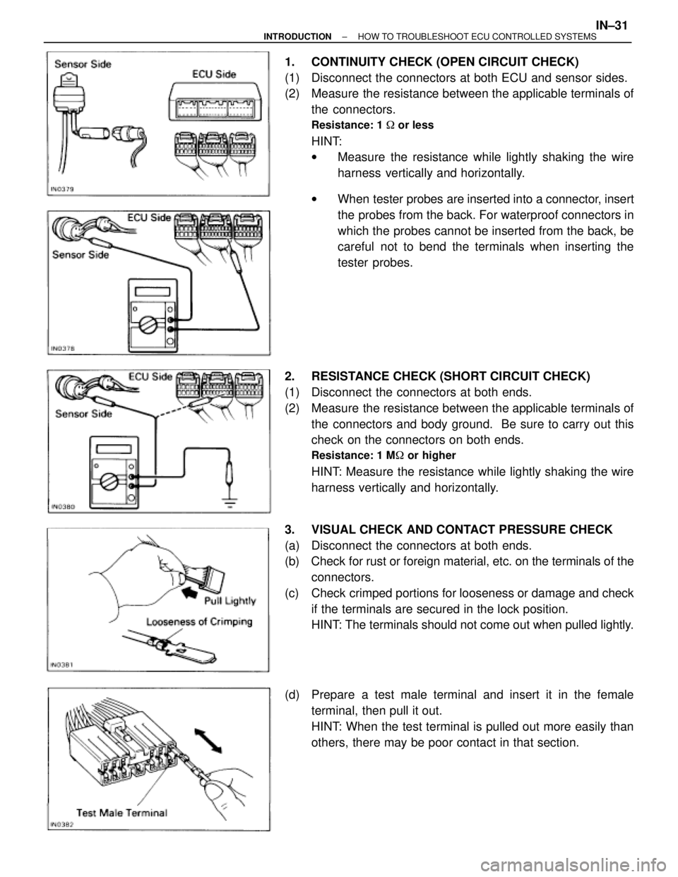 TOYOTA SUPRA 1995 Service Repair Manual 1. CONTINUITY CHECK (OPEN CIRCUIT CHECK)
(1) Disconnect the connectors at both ECU and sensor sides.
(2) Measure the resistance between the applicable terminals of
the connectors.
Resistance: 1 o TOYOTA SUPRA 1995 Service Repair Manual 1. CONTINUITY CHECK (OPEN CIRCUIT CHECK)
(1) Disconnect the connectors at both ECU and sensor sides.
(2) Measure the resistance between the applicable terminals of
the connectors.
Resistance: 1 o