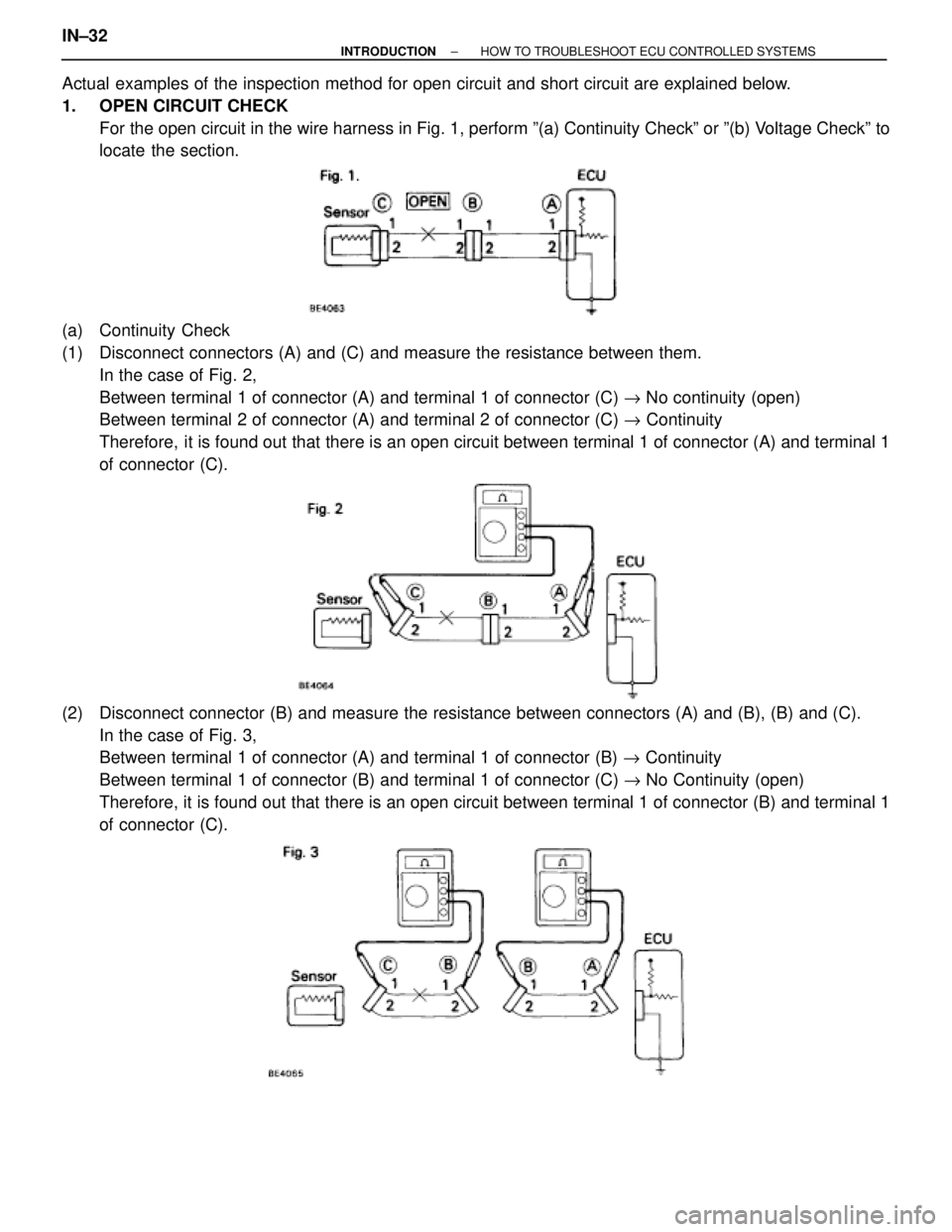 TOYOTA SUPRA 1995 Service Repair Manual Actual examples of the inspection method for open circuit and short circuit are explained below.
1. OPEN CIRCUIT CHECK
For the open circuit in the wire harness in Fig. 1, perform º(a) Continuity Che TOYOTA SUPRA 1995 Service Repair Manual Actual examples of the inspection method for open circuit and short circuit are explained below.
1. OPEN CIRCUIT CHECK
For the open circuit in the wire harness in Fig. 1, perform º(a) Continuity Che