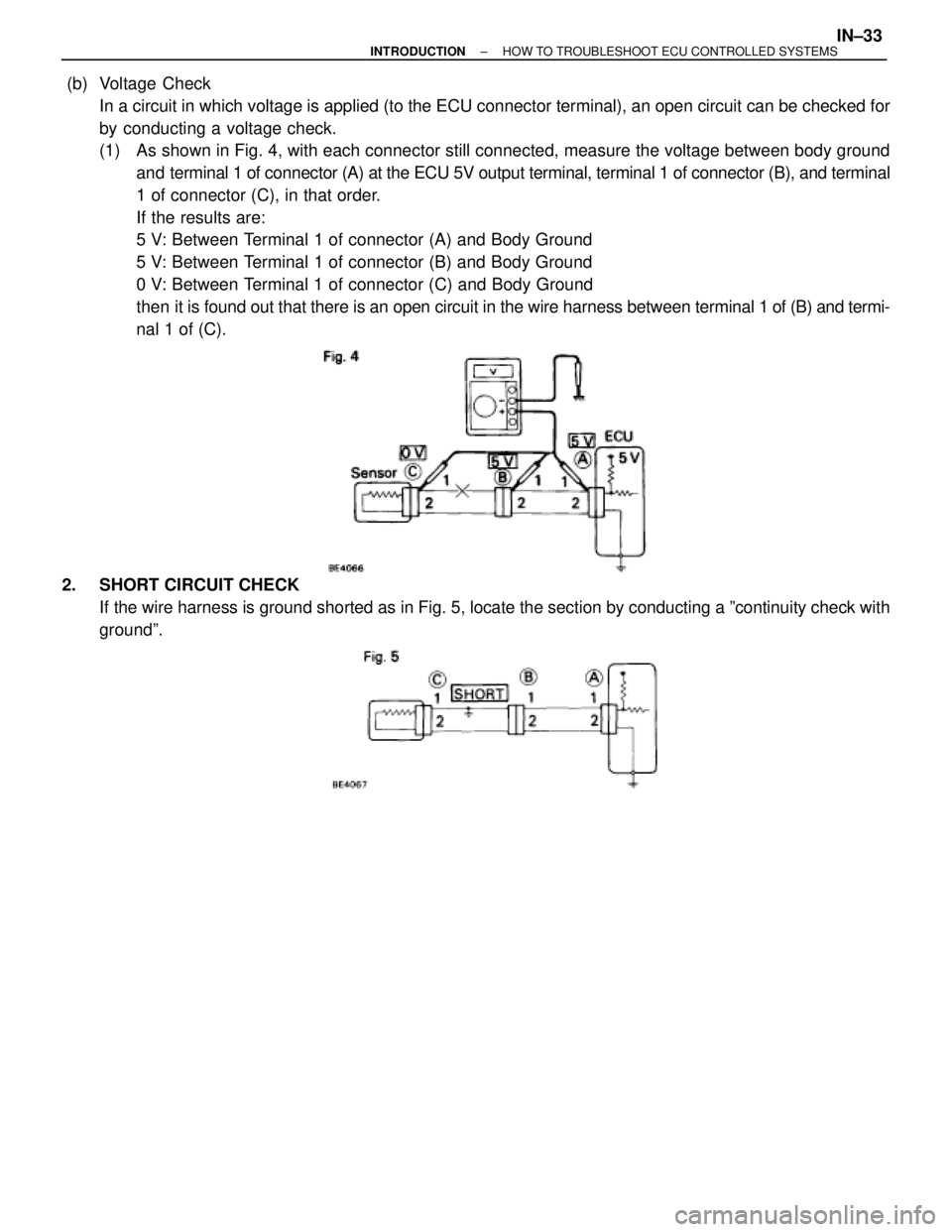 TOYOTA SUPRA 1995  Service Repair Manual  (b)  Voltage  Check
In a circuit in which voltage is applied (to the ECU connector terminal), an open circuit can be checked for
by conducting a voltage check.
(1)  As shown in Fig. 4, with each conn