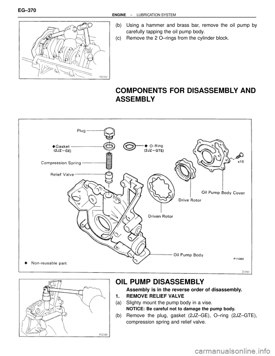 TOYOTA SUPRA 1995  Service Repair Manual (b)  Using a hammer and brass bar, remove the oil pump by
carefully tapping the oil pump body.
(c)  Remove the 2 O±rings from the cylinder block.
COMPONENTS FOR DISASSEMBLY AND
ASSEMBLY
OIL PUMP DISA