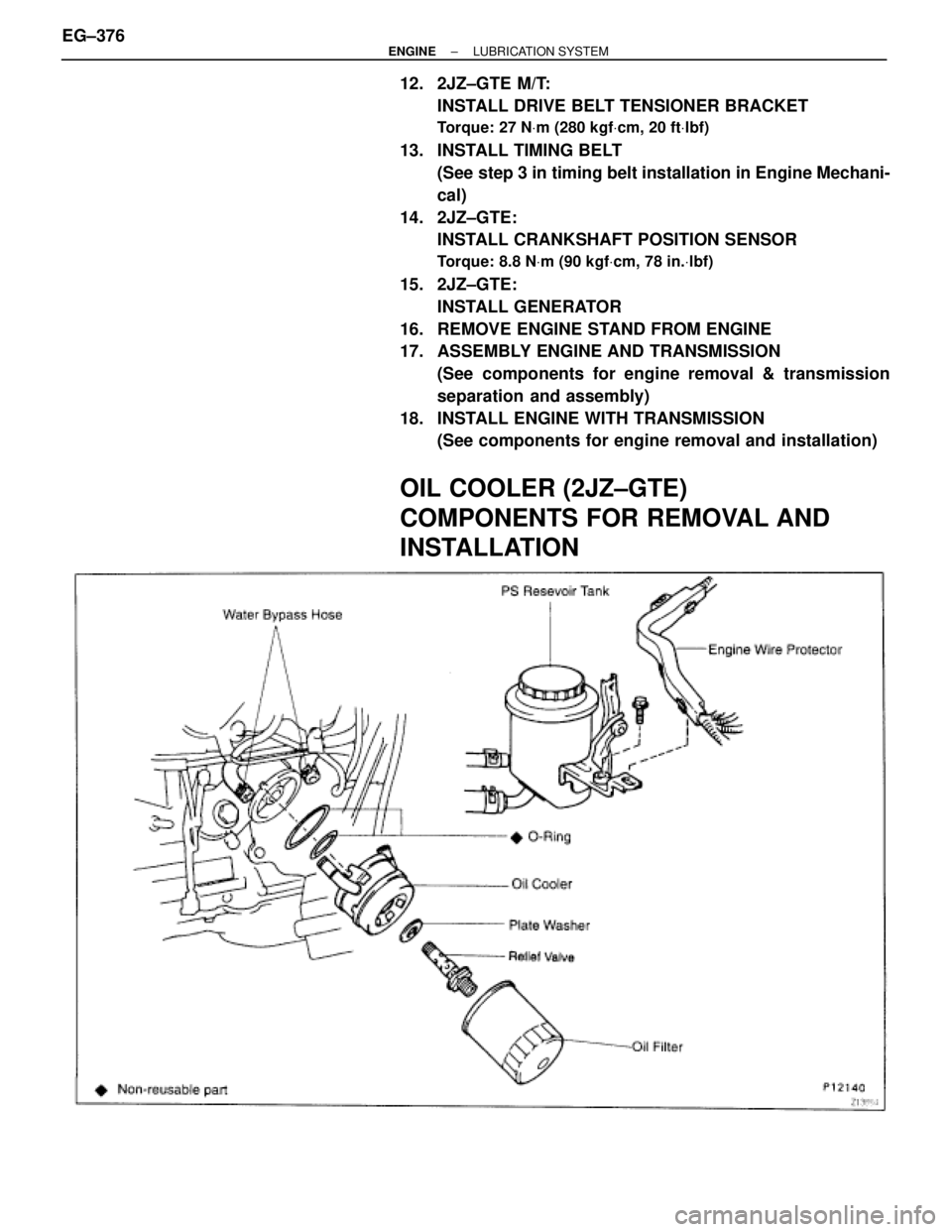 TOYOTA SUPRA 1995  Service Repair Manual 12. 2JZ±GTE M/T:
INSTALL DRIVE BELT TENSIONER BRACKET
Torque: 27 NVm (280 kgfVcm, 20 ftVlbf)
13.  INSTALL TIMING BELT
(See step 3 in timing belt installation in Engine Mechani-
cal)
14. 2JZ±GTE:
INS