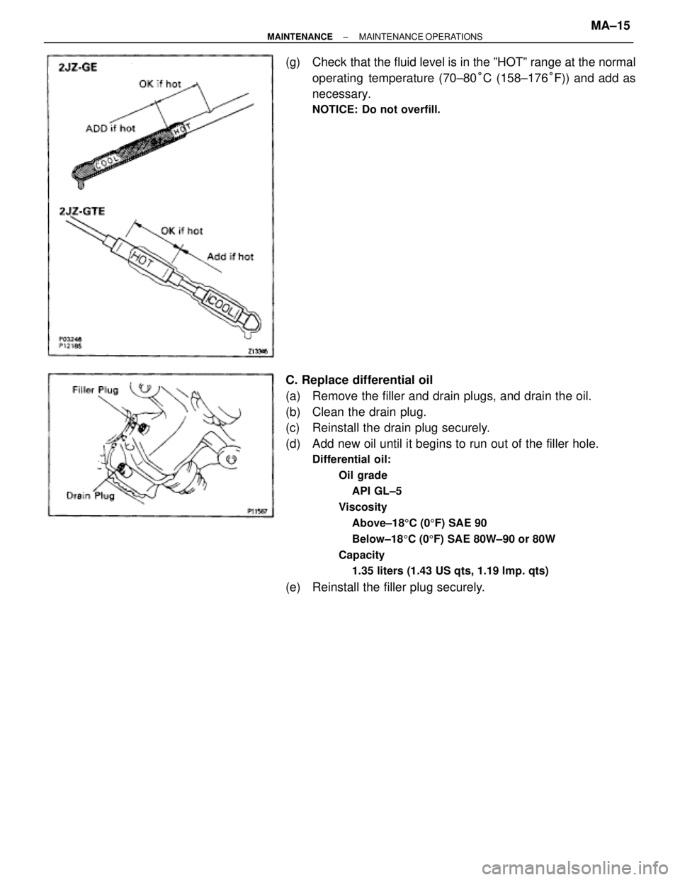 TOYOTA SUPRA 1995  Service Repair Manual (g)  Check that the fluid level is in the ºHOTº range at the normal
operating  temperature (70±80°C (158±176°F)) and add as
necessary.
NOTICE: Do not overfill.
C. Replace differential oil
(a)  R