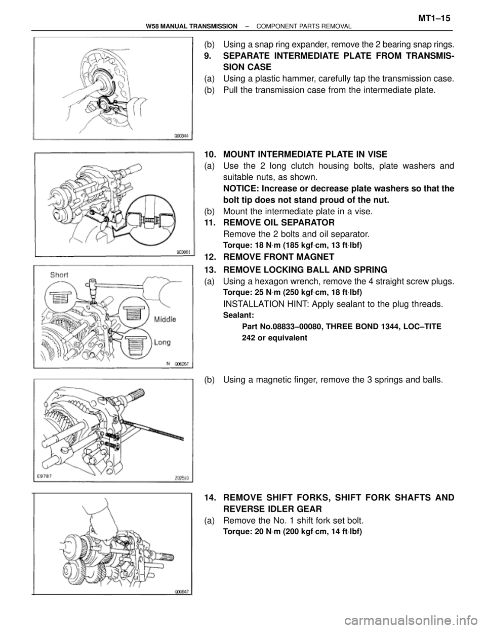 TOYOTA SUPRA 1995 Service Repair Manual (b) Using a snap ring expander, remove the 2 bearing snap rings.
9. SEPARATE INTERMEDIATE PLATE FROM TRANSMIS-
SION CASE
(a) Using a plastic hammer, carefully tap the transmission case.
(b) Pull th TOYOTA SUPRA 1995 Service Repair Manual (b) Using a snap ring expander, remove the 2 bearing snap rings.
9. SEPARATE INTERMEDIATE PLATE FROM TRANSMIS-
SION CASE
(a) Using a plastic hammer, carefully tap the transmission case.
(b) Pull th